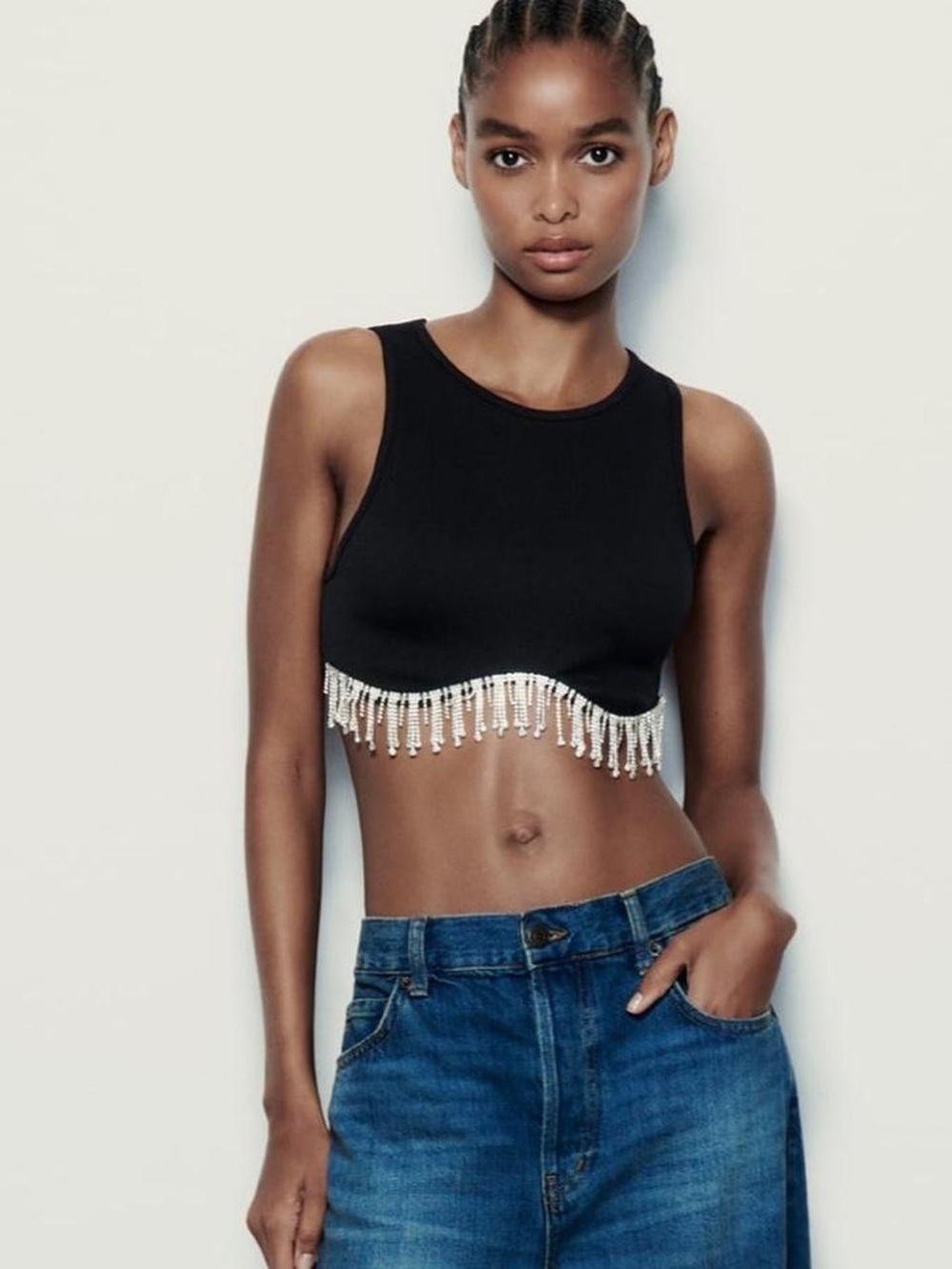 ZARA Black Rhinestone Fringe Ribbed Crop Top